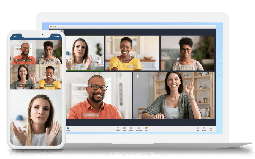 Image of people video conferencing on laptop and phone